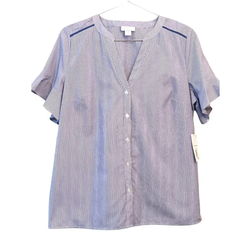 NEW LIZ CLAIBORNE Cotton Blouse Top LG V-Neck Short Flutter Sleeves Blue Crochet